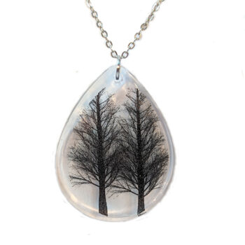 Modern Black Trees Silhouette Teardrop Resin Necklace