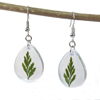 Dried Real Fern Leaf Teardrop Resin Earrings