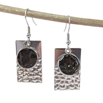 Stainless Steel Rectangle Stamped Black Resin Earrings Silver