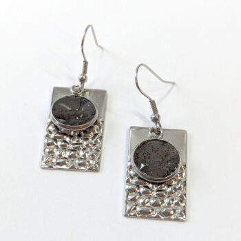 Stainless Steel Rectangle Stamped Black Resin Earrings Silver - Image 4