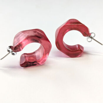 Chunky Irregular Cranberry Red Clear Hoop Resin Earrings - Image 5