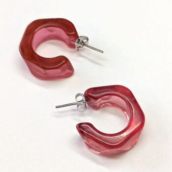 Chunky Irregular Cranberry Red Clear Hoop Resin Earrings - Image 3