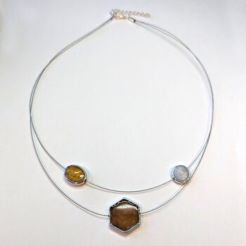 Floating Hexagon Circle Oval Gold Brown Pearl Resin Necklace - Image 4