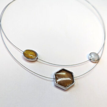 Floating Hexagon Circle Oval Gold Brown Pearl Resin Necklace - Image 3