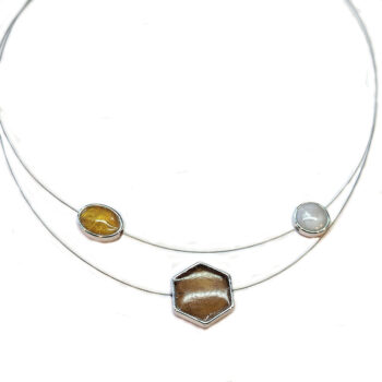 Floating Hexagon Circle Oval Gold Brown Pearl Resin Necklace