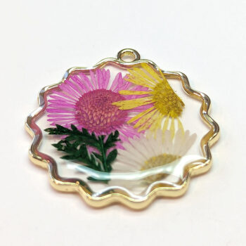 Round Pink Yellow White Real Dried Flowers Resin Pendant Gold - Image 3