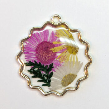 Round Pink Yellow White Real Dried Flowers Resin Pendant Gold