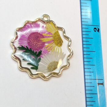 Round Pink Yellow White Real Dried Flowers Resin Pendant Gold - Image 2