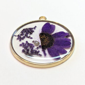 Round Purple Real Dried Flowers Resin Pendant Gold - Image 3