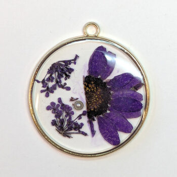 Round Purple Real Dried Flowers Resin Pendant Gold