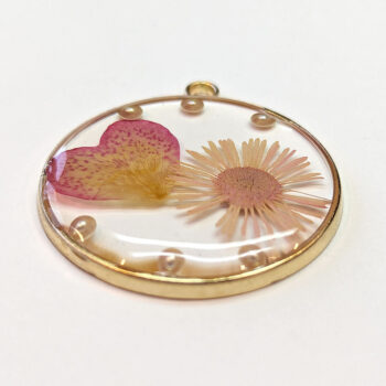 Round Pink Peach Real Dried Flowers Resin Pendant Gold - Image 3