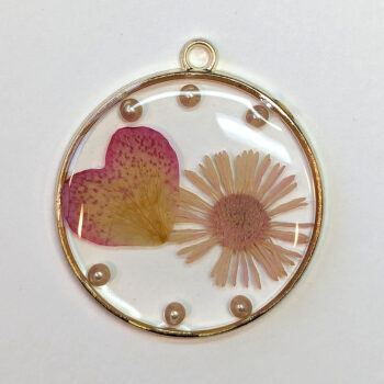 Round Pink Peach Real Dried Flowers Resin Pendant Gold