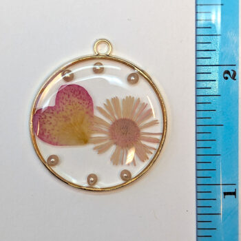 Round Pink Peach Real Dried Flowers Resin Pendant Gold - Image 2