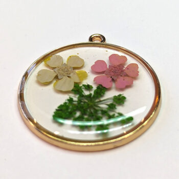 Round Pink White Real Dried Flowers Resin Pendant Gold - Image 3