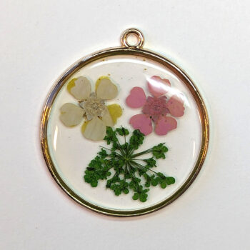 Round Pink White Real Dried Flowers Resin Pendant Gold