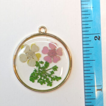 Round Pink White Real Dried Flowers Resin Pendant Gold - Image 2