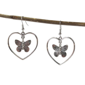 Hollow Heart Butterfly Antique Silver Earrings