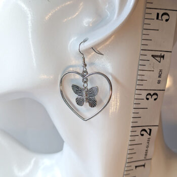 Hollow Heart Butterfly Antique Silver Earrings - Image 2