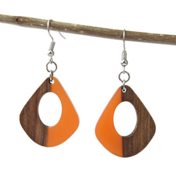 Orange Resin Wood Modern Diamond Teardrop Earrings