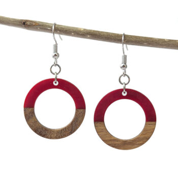 Red Resin Wood Hollow Round Hoop Earrings