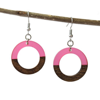 Pink Resin Wood Hollow Round Hoop Earrings