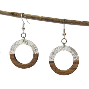 Clear Silver Leaf Resin Wood Hollow Round Hoop Earrings