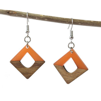 Orange Resin Wood Hollow Diamond Earrings