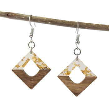 Clear Gold Leaf Resin Wood Hollow Diamond Earrings