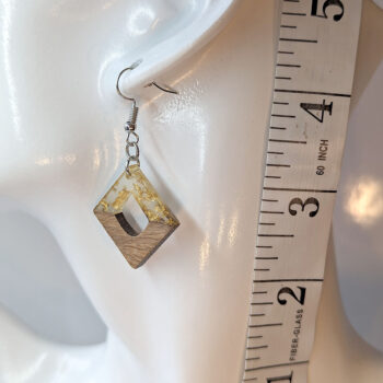 Clear Gold Leaf Resin Wood Hollow Diamond Earrings - Image 2