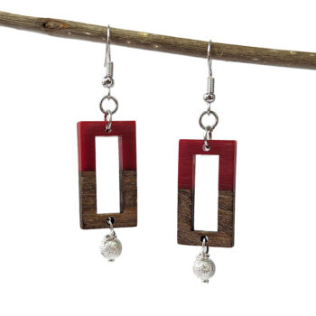 Red Resin Wood Hollow Rectangle Earrings