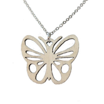 Butterfly Round Wings Natural Wood Pendant Necklace