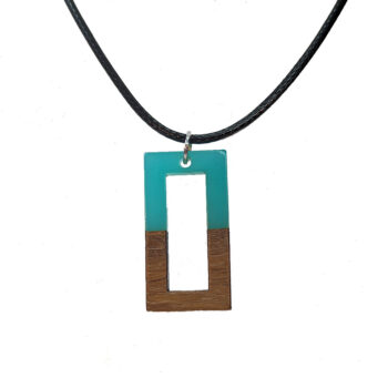 Blue Green Resin Wood Hollow Rectangle Necklace