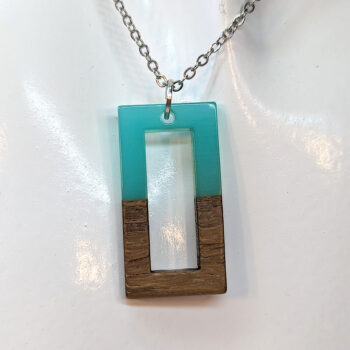 Blue Green Resin Wood Hollow Rectangle Necklace - Image 4