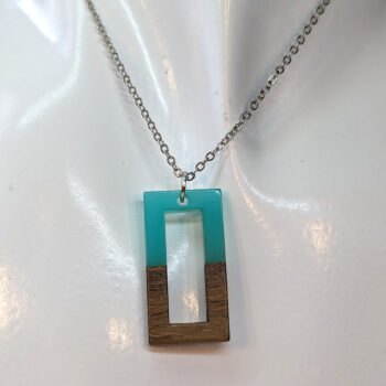 Blue Green Resin Wood Hollow Rectangle Necklace - Image 3