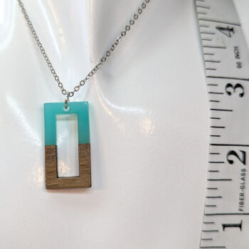 Blue Green Resin Wood Hollow Rectangle Necklace - Image 2