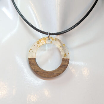 Clear Gold Leaf Resin Wood Hollow Round Hoop Necklace