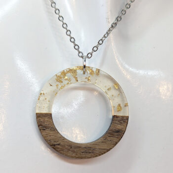 Clear Gold Leaf Resin Wood Hollow Round Hoop Necklace - Image 4