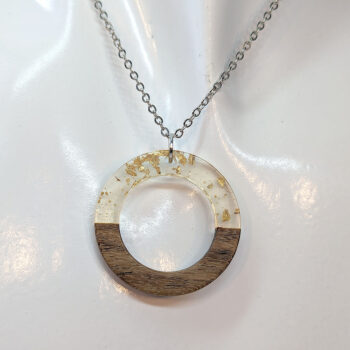 Clear Gold Leaf Resin Wood Hollow Round Hoop Necklace - Image 3