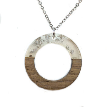 Clear Silver Leaf Resin Wood Hollow Round Hoop Necklace