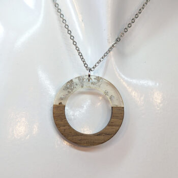 Clear Silver Leaf Resin Wood Hollow Round Hoop Necklace - Image 2