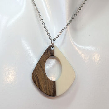 White Resin Wood Modern Diamond Teardrop Necklace - Image 3