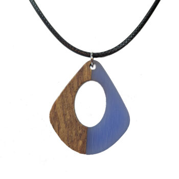 Steel Blue Resin Wood Modern Diamond Teardrop Necklace