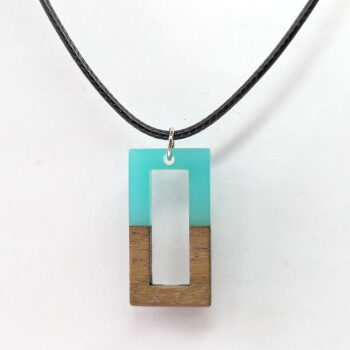 Blue Green Resin Wood Hollow Rectangle Necklace - Image 5