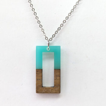 Blue Green Resin Wood Hollow Rectangle Necklace - Image 6