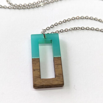 Blue Green Resin Wood Hollow Rectangle Necklace - Image 7