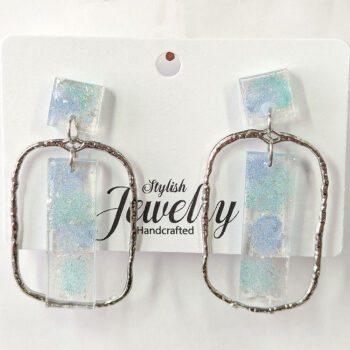 Rectangle Flecks Green Blue Mica Resin Silver Hoop Earrings - Image 6