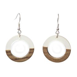 Clear Resin Wood Hollow Round Hoop Silver Earrings