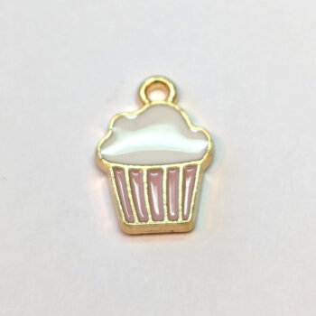 Pink White Cupcake Enamel Charm Gold