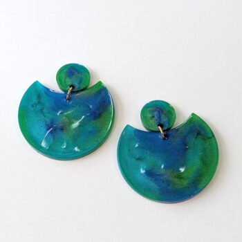 Chunky Shiny Blue Green Turquoise Marble Resin Earrings - Image 3