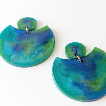 Chunky Shiny Blue Green Turquoise Marble Resin Earrings - Image 2